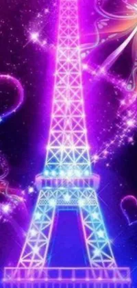 This delightful phone live wallpaper boasts a mesmerizing image of the famous Eiffel Tower in Paris adorned with a stunning violet colored neon light effect