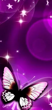 This stunning phone wallpaper features a beautiful close-up image of a butterfly set against a rich purple background
