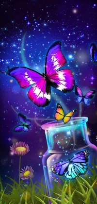 This live wallpaper depicts a glass jar filled with vibrant butterflies, offering a delightful fantasy atmosphere