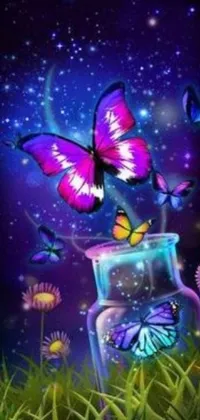 This stunning live wallpaper features a vivid glass jar filled with colorful butterflies that appear to be flying out of it