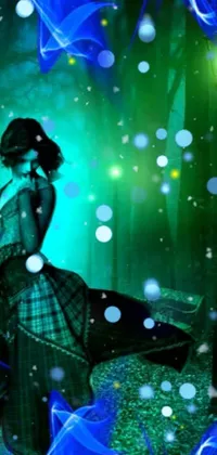 This nature inspired live wallpaper depicts a woman standing in a snowy forest holding a lantern while wearing a corset and long tartan skirt