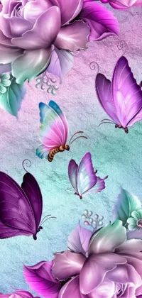This phone live wallpaper features a stunning digital art of flowers and butterflies against a calming blue background