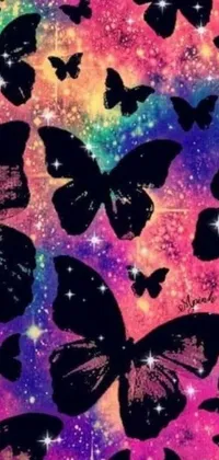 This stunning phone live wallpaper features a group of colorful and sparkly butterflies taking flight against a backdrop of swirling psychedelic colors