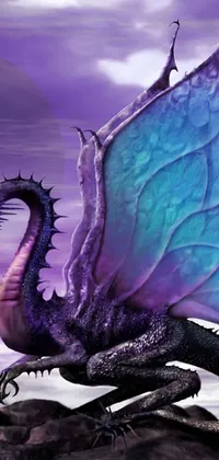 This phone live wallpaper showcases a stunning purple and blue dragon framed against a black and amethyst gradient background