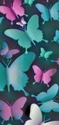This dynamic live wallpaper features a stunning display of fluttering butterflies against a turquoise, pink, and green background