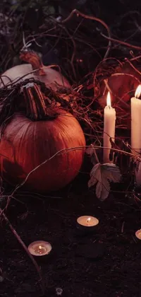 Get mesmerized by this gothic style phone live wallpaper featuring a group of candles and pumpkin