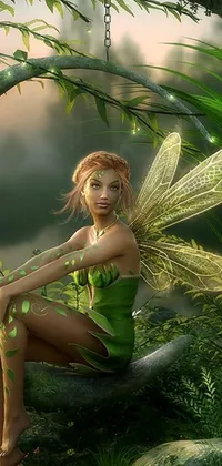 This phone live wallpaper depicts a stunning fairy sitting on a tree branch amid a magical forest background