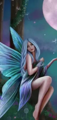 Experience the enchanting magic of a mesmerizing fairy sitting on a tree branch in this live wallpaper for your phone