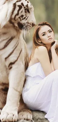 This live wallpaper showcases a captivating picture of a woman draped in a long white dress seated atop a large rock in the company of a striking white tiger
