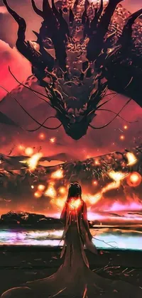 This phone live wallpaper features a woman facing a giant dragon immersed in a fiery ocean on a digital canvas