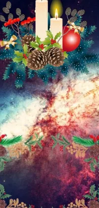 Spread some holiday cheer to your phone with this Christmas live wallpaper! The design features a candle and holly wreath against a striking galaxy background