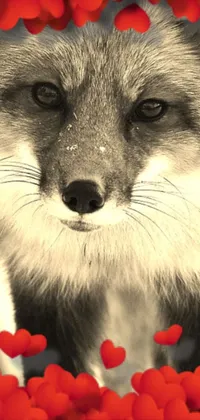 This phone live wallpaper features a black and white photo of a fox with red fur surrounded by hearts, a sepia tone, and the lover tarot card