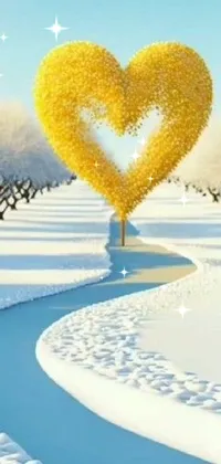 This phone live wallpaper depicts a charming heart-shaped tree in a snowy field