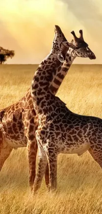 This stunning live wallpaper features two giraffes hugging in a lush green field in Africa