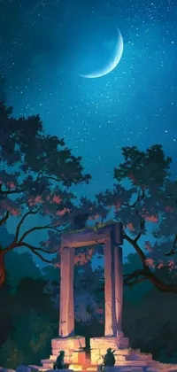 The night sky takes center stage in this digital wallpaper, with a vision of a mystical forest backed with a crescent moon and a doorway to another realm