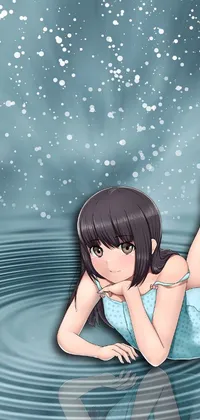 This live wallpaper showcases a breathtaking anime drawing of a female figure resting atop a body of water