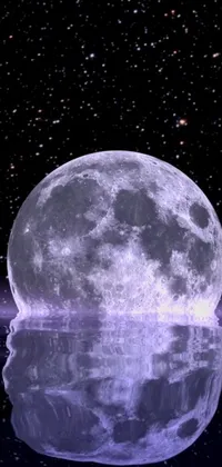 This phone live wallpaper depicts a stunning digital art of a full moon reflected in a body of water against a purplish space background