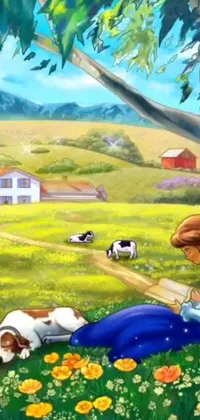 This picturesque live wallpaper transports you to a serene meadow filled with vibrant flowers, where a village girl lies absorbed in a book