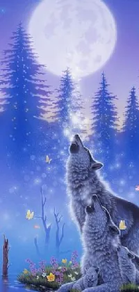 This <a href="/">mobile live wallpaper</a> features an enchanting airbrush painting of a wolf howling at the moon in a mystical forest