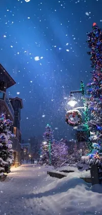 This phone live wallpaper showcases a Christmas tree in a snowy street next to a magical village