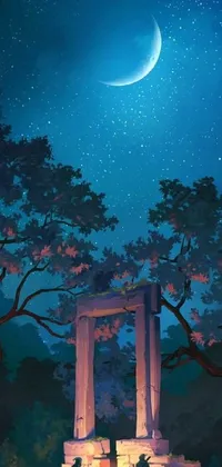 This night sky live wallpaper depicts a magical realism scene with a crescent moon and a forest portal