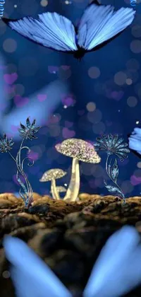 This live wallpaper features beautiful blue butterflies fluttering over a mushroom in a whimsical and enchanting scene