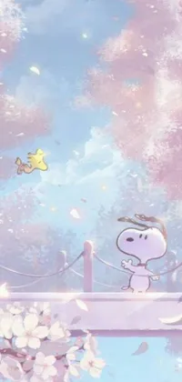 Add a fun and vibrant touch to your phone with this delightful live wallpaper! Featuring an adorable cartoon character standing on a bridge over a beautifully flowing river, this wallpaper also showcases the changing of the seasons with different scenic backgrounds, including blooming flowers in spring, shining sun in summer, falling leaves in autumn, and snowflakes in winter ❄🌸☀🍂
