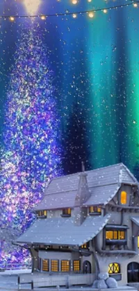 This phone live wallpaper showcases a cozy house adorned for Christmas with a tall, decorated tree in front of it