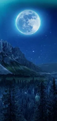 Enjoy the tranquility of nature with this stunning live phone wallpaper featuring a full moon rising over a mountain range