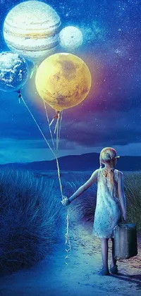 This phone live wallpaper depicts a majestic woman wearing a white dress, holding balloons, surrounded by floating planets and moons