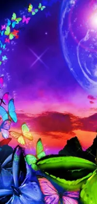 Get lost in a surreal digital art scene with this stunning live wallpaper featuring colorful butterflies flying in a starry night sky