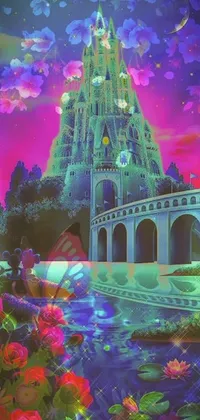 This vivid phone live wallpaper boasts a painting of a castle amid a field of flowers inspired by psychedelic art and seasons, with gorgeous vaporwave-style hues