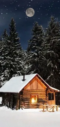 This live wallpaper features a serene winter forest scene with a cozy cabin surrounded by snow