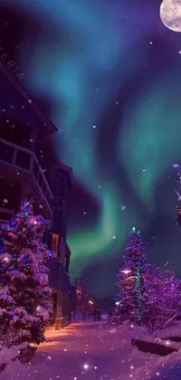 This live wallpaper features a snowy night with a full moon in the sky and a bustling magical town in shades of purple, blue, and green