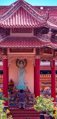 This phone live wallpaper features a breathtaking Vietnamese temple scene, with bold cloisonnism architecture and a grand statue in the center
