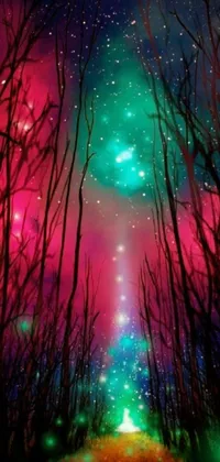 This phone live wallpaper features a stunning forest scene filled with delightful trees and sparkling stars in the hot pink and cyan color theme