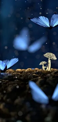 This phone live wallpaper showcases a group of blue butterflies flying around a mushroom, set against a stunning moonlit forest backdrop