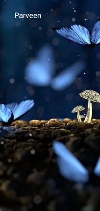This mobile phone live wallpaper features a charming digital art depicting a group of blue butterflies flying around a mushroom