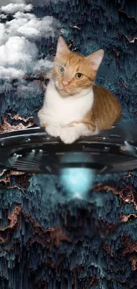This surreal phone live wallpaper features a cat sitting on a flying saucer