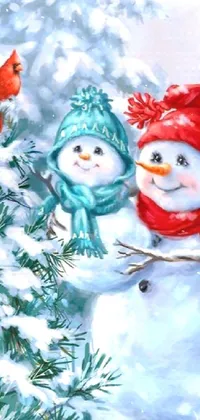 This phone live wallpaper features two snowmen by a Christmas tree in a winter wonderland