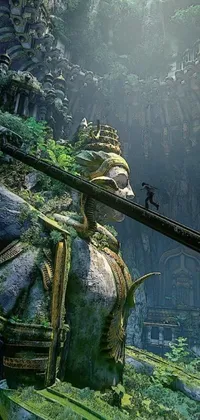 This vibrant live wallpaper for your phone features an adventurous man traversing diverse landscapes, from a sprawling green hillside to an ornate temple filled with mystical carvings and lavish offerings