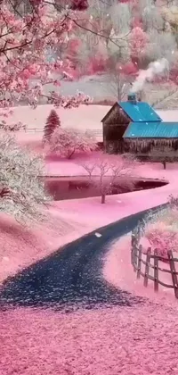 This phone live wallpaper depicts a charming house with a blue roof amidst a pink field