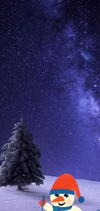 Looking for a festive live wallpaper for your phone? Look no further than this stunning winter scene featuring a snowman surrounded by snow, a beautiful Christmas tree, and a breathtaking view of the Milky Way galaxy
