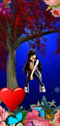 Introducing a stunning live wallpaper for your phone featuring a woman sitting on a tree next to a red heart