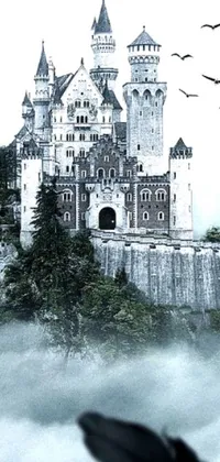 Looking for a phone live wallpaper that is both magical and creepy? Check out this grey stone castle perched on top of a lush green hillside, complete with mist and vines