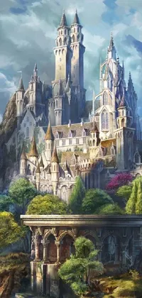 This live wallpaper features an enchanting and intricate castle perched atop a lush green hillside