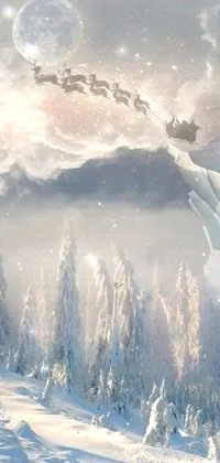 This live wallpaper features a beautiful painting of Santa's sleigh flying over a snowy mountain, evoking the magical and whimsical nature of the holiday season