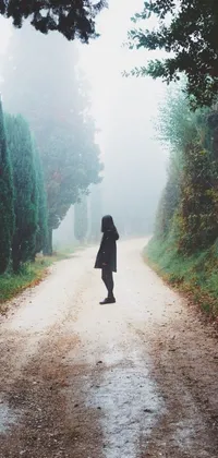 Explore this phone live wallpaper featuring a poignant visual of a person walking down a dirt road on a foggy day