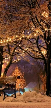 This phone live wallpaper features a picturesque winter setting with benches on a snow-covered ground scattered with fairy lights