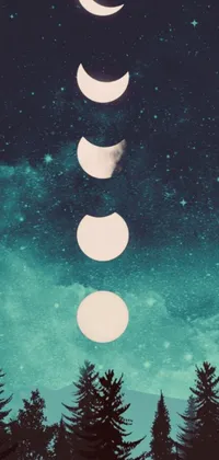 Looking for a stunning, digital wallpaper for your phone? Look no further than this teal-themed masterpiece! The wallpaper depicts three phases of the moon over a serene and tranquil background of trees, perfect for those looking for that touch of mystery and magic